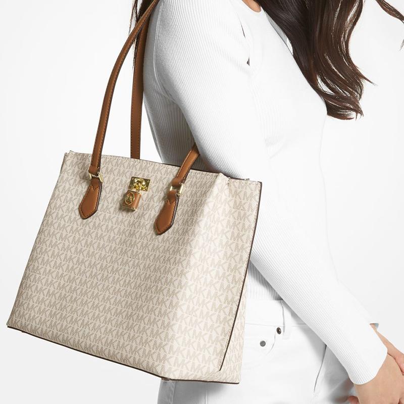 Michael Kors Mk Ruby Monogram Commuter Large Capacity Tote Bag Women Tote Bag Vanilla-White Acorn-Brown 30S3GR0T3B-149