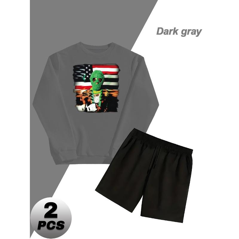 Crew Neck Sweatshirt and Elastic Shorts Men s Polyester 2 Piece Set Lightweight Breathable Casual Tracksuit XXL серый