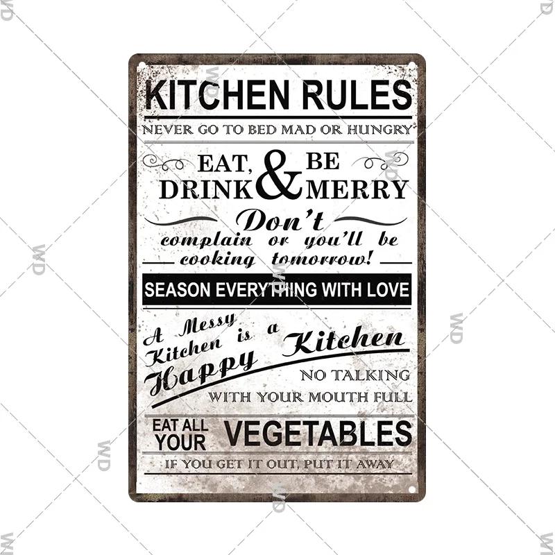 Retro Tin Sign Kitchen Rules Food Iron Painting Wall Art Metal Vintage Plaque Metal Posters for House Home Dinning Room Decor