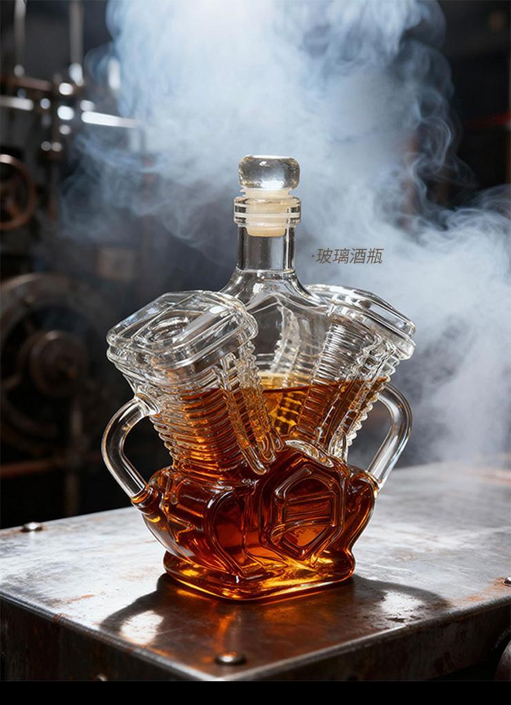 Whiskey Bottle Vintage-themed glass decanter with engine and whiskey bottle design