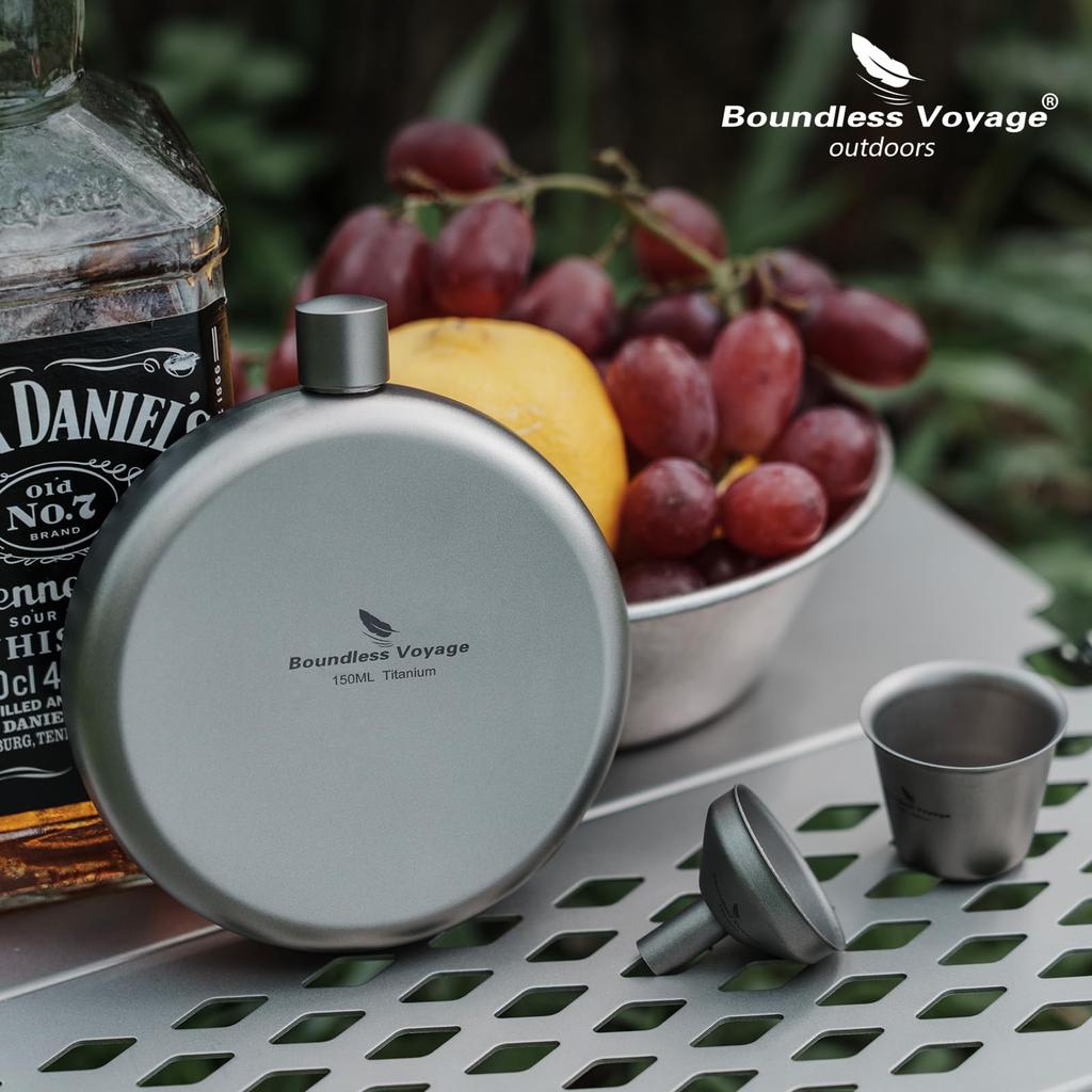 Boundless Voyage Titanium Hip Flask, 150 ml, with Funnel and Storage Bag