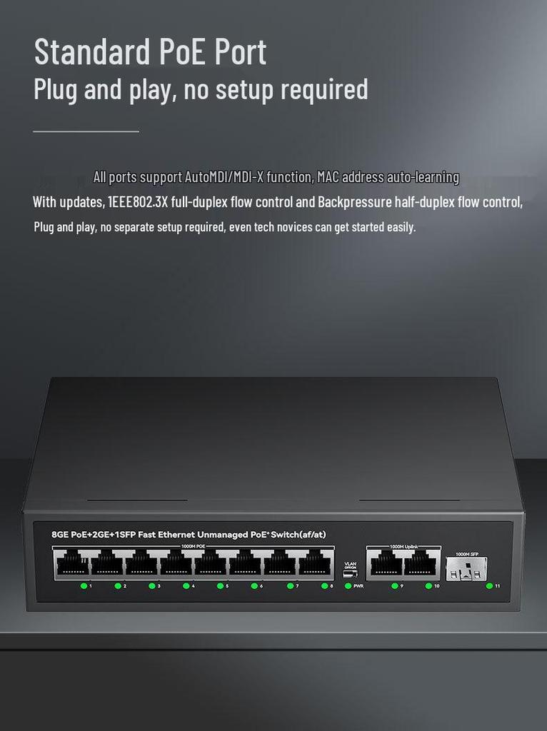 Standard Smart PoE Switch with Gigabit Transmission, 100 Megabit Routing, Wireless AP, Surveillance Camera Connectivity