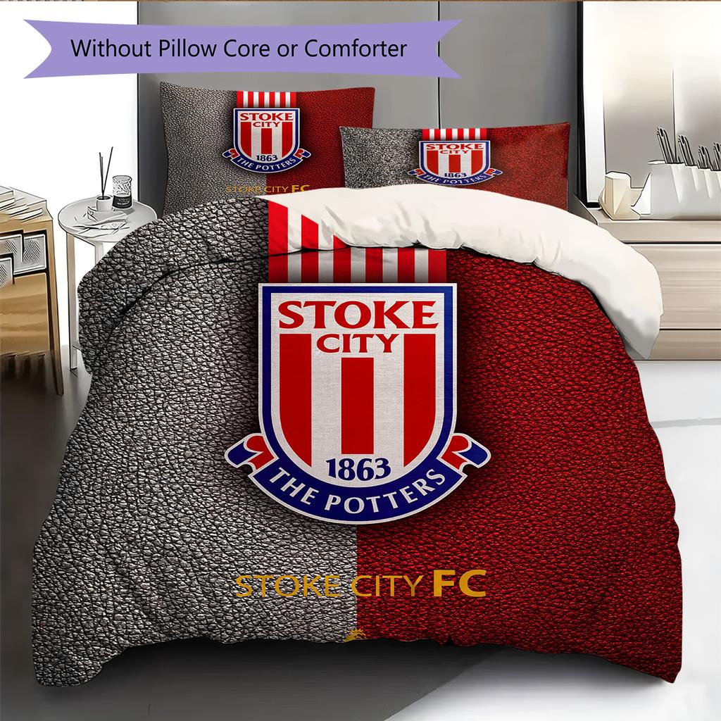 Stoke City FC Muster Bettwäsche Bettdecken-Set Heimdekoration Geschenk (1 Bettbezug + 2 Kissenbezüge (ohne Füllung))