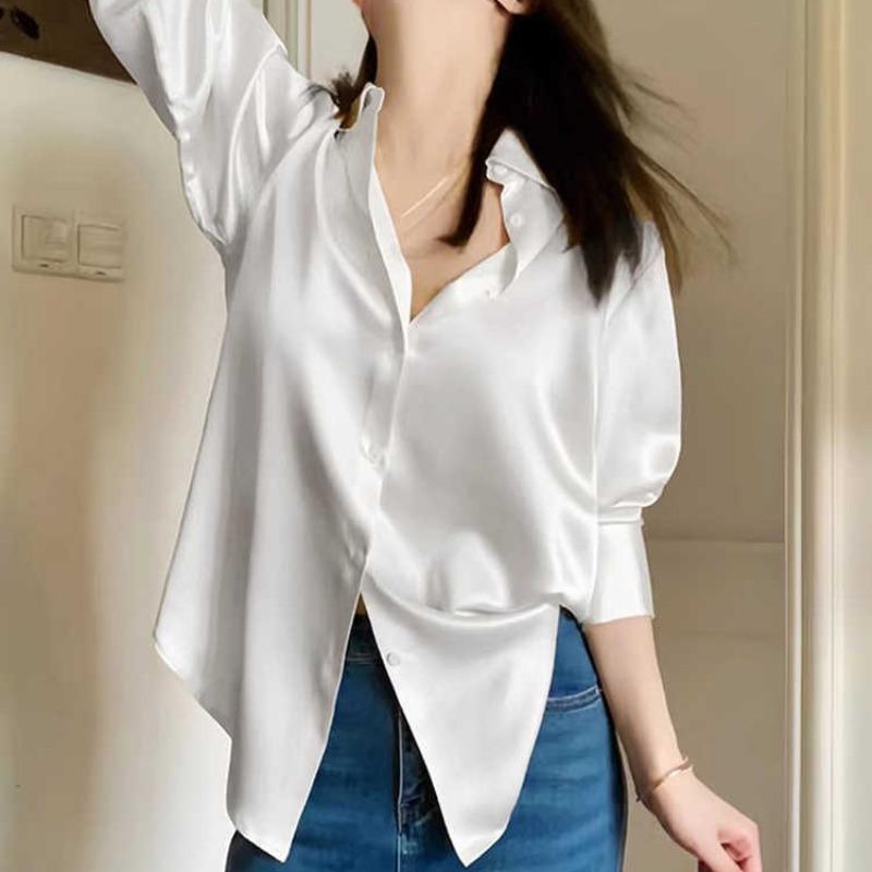 French Luxury White Satin Women's Spring Loose Fit Sun Protection Shirt