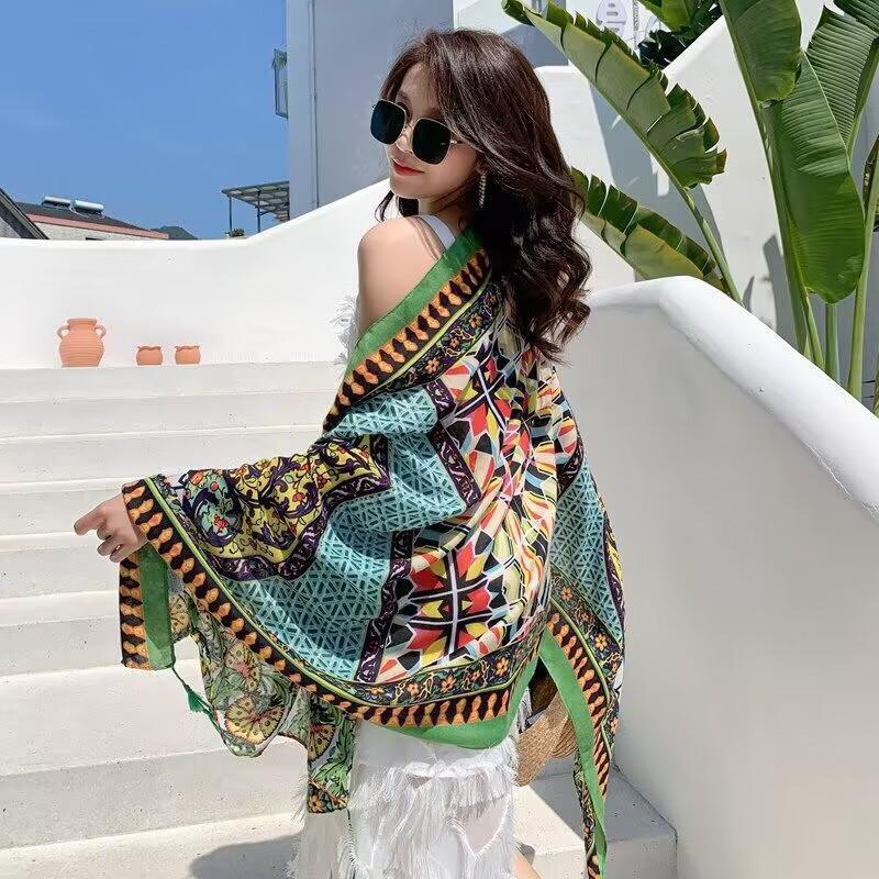 Ethnic Style Scarf, Sunscreen Shawl, Women's Summer Thin Style, Air Conditioner Silk Scarf, Fashionable Seaside Beach Scarf