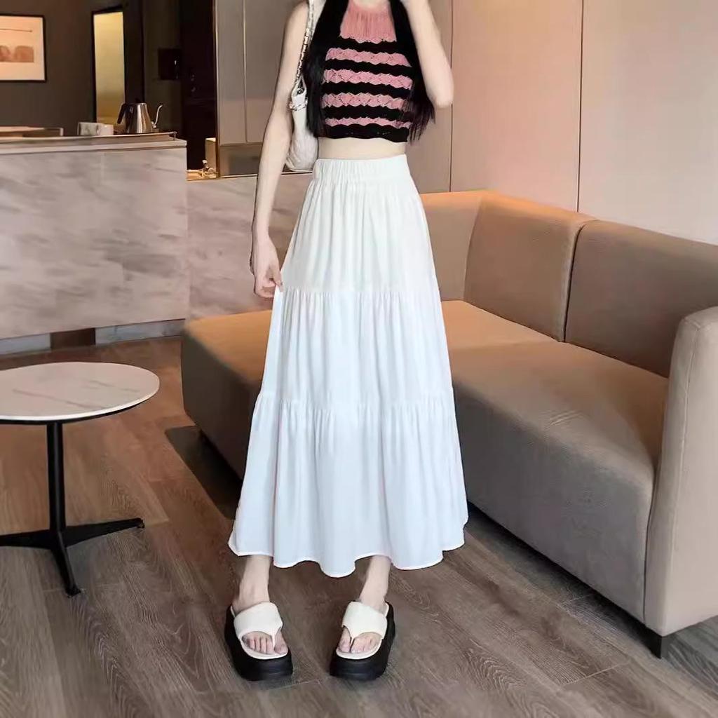 2024 Women's Black Elastic High-Waist Midi A-Line Skirt: Slimming, Draped, and Trendy for Spring/Autumn