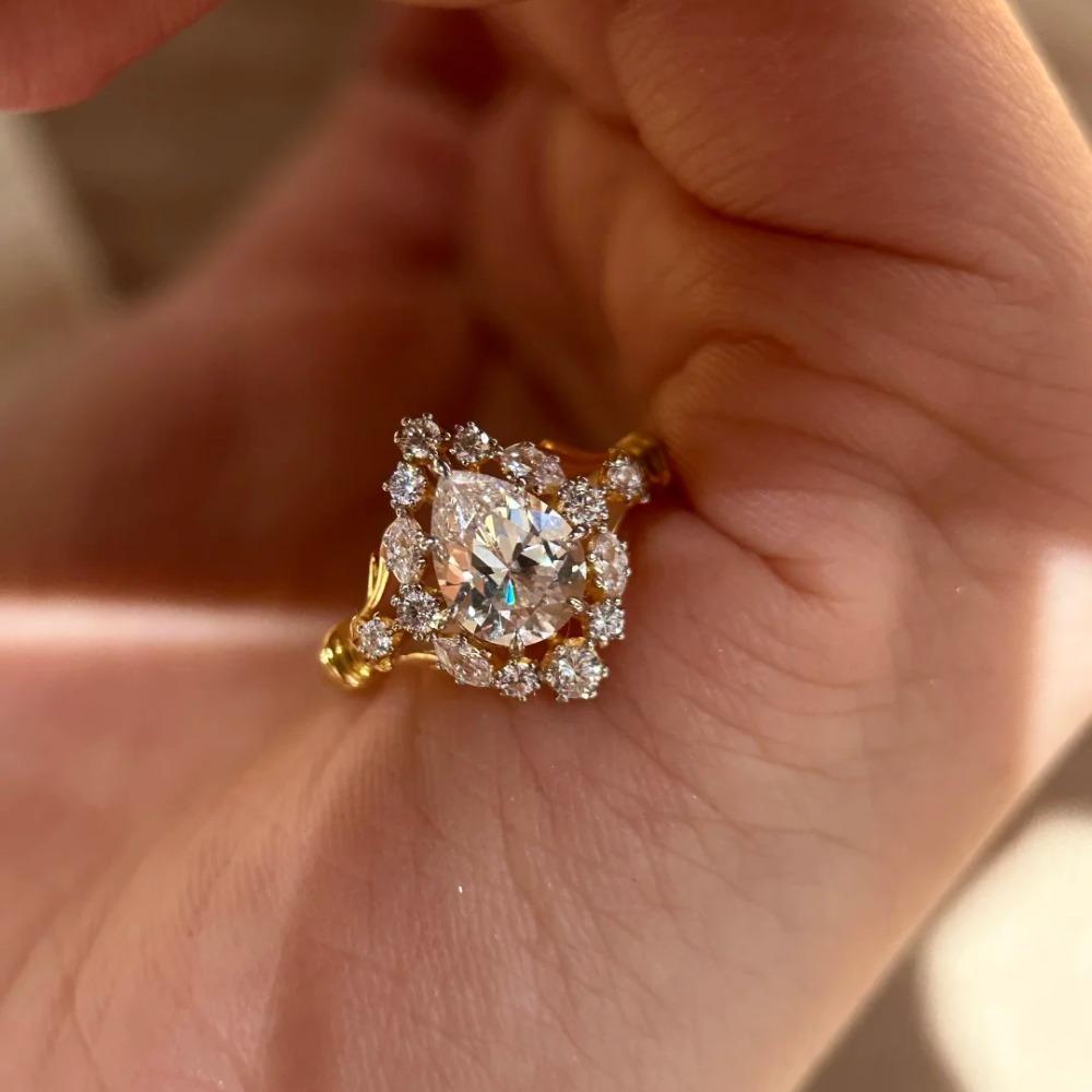Open Ring Vintage Pear Drop Diamond Ring for Women Elegant Wedding Engagement Jewelry
