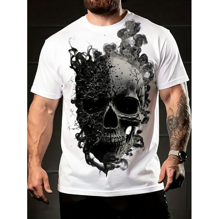 Men's 3D Skull Print T-Shirt - Gothic Edgy Style Short Sleeve Crew Neck Tee with Skull, Machine Washable Regular Fit Suitable for Summer Outdoor