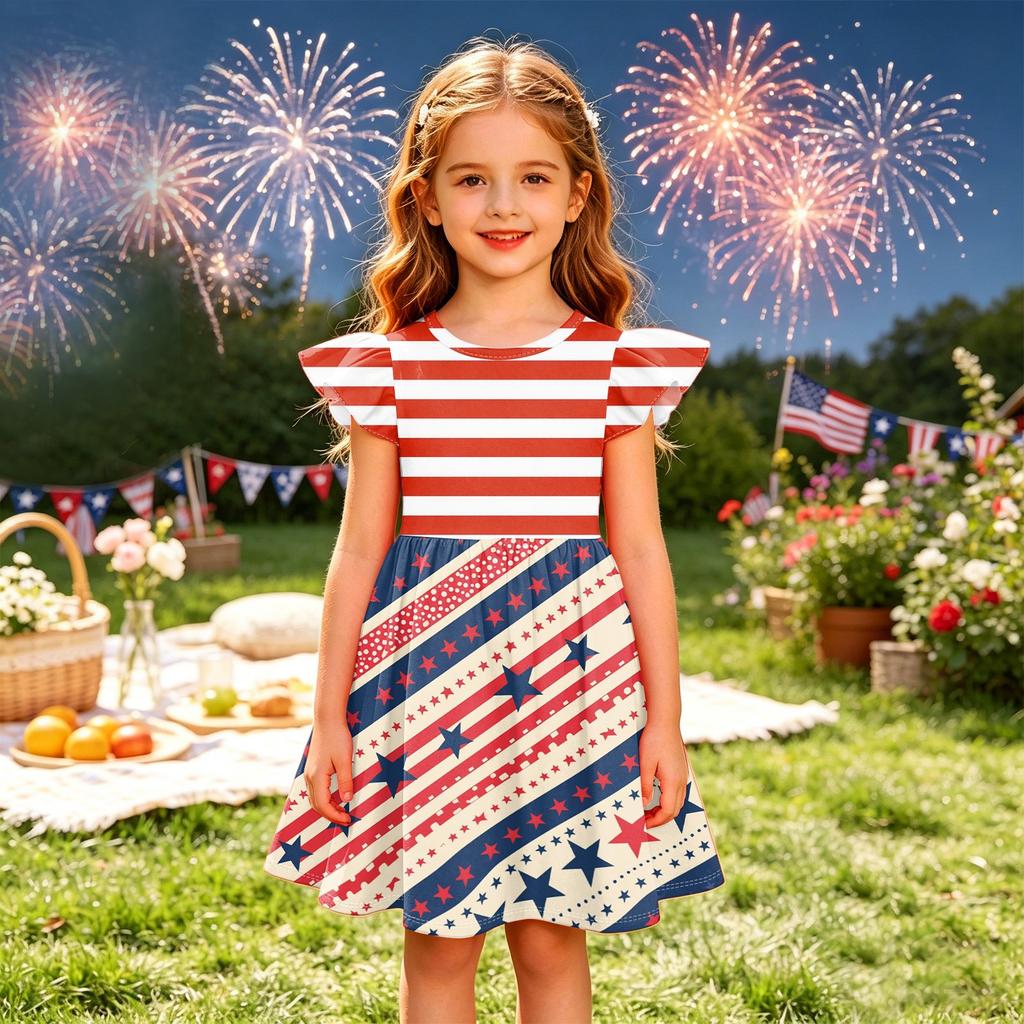 Mädchen Kleid mit Puffärmeln Unabhängigkeitstag Feiertagskleid Amerikanische Flagge gemustertes Skaterkleid Lässiges Sommeroutfit für Kinder
