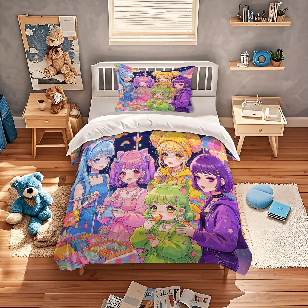 Anime Girls Party Duvet Cover Set Colorful Digital Print Bedding Set Rainbow Stars Cute Cartoon Bedroom Decor for Teen