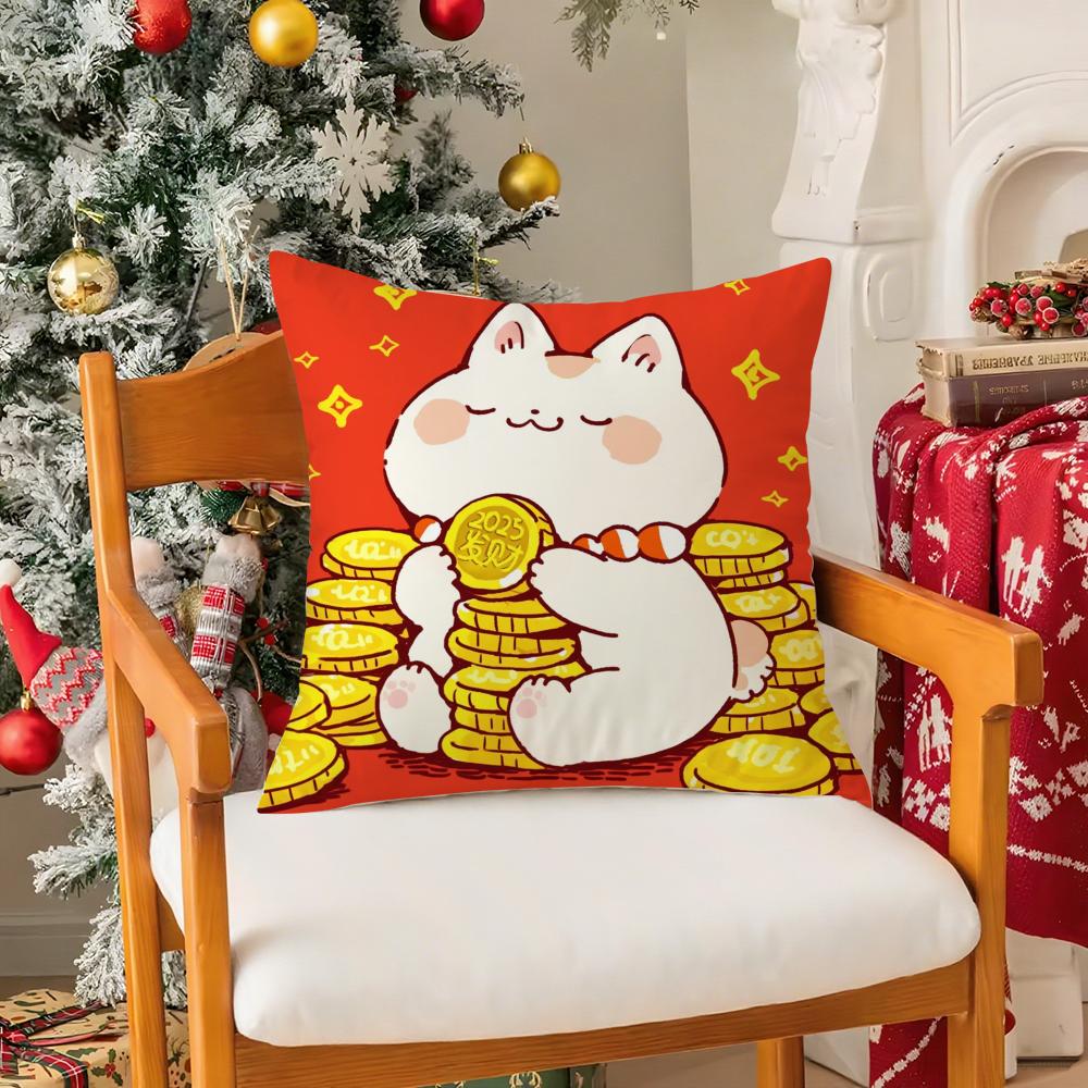 Cute Cartoon Festive Lucky Cat Pillow Case Silky Short Plush With Invisible Zipper Dustproof Sofa Cushion Cover