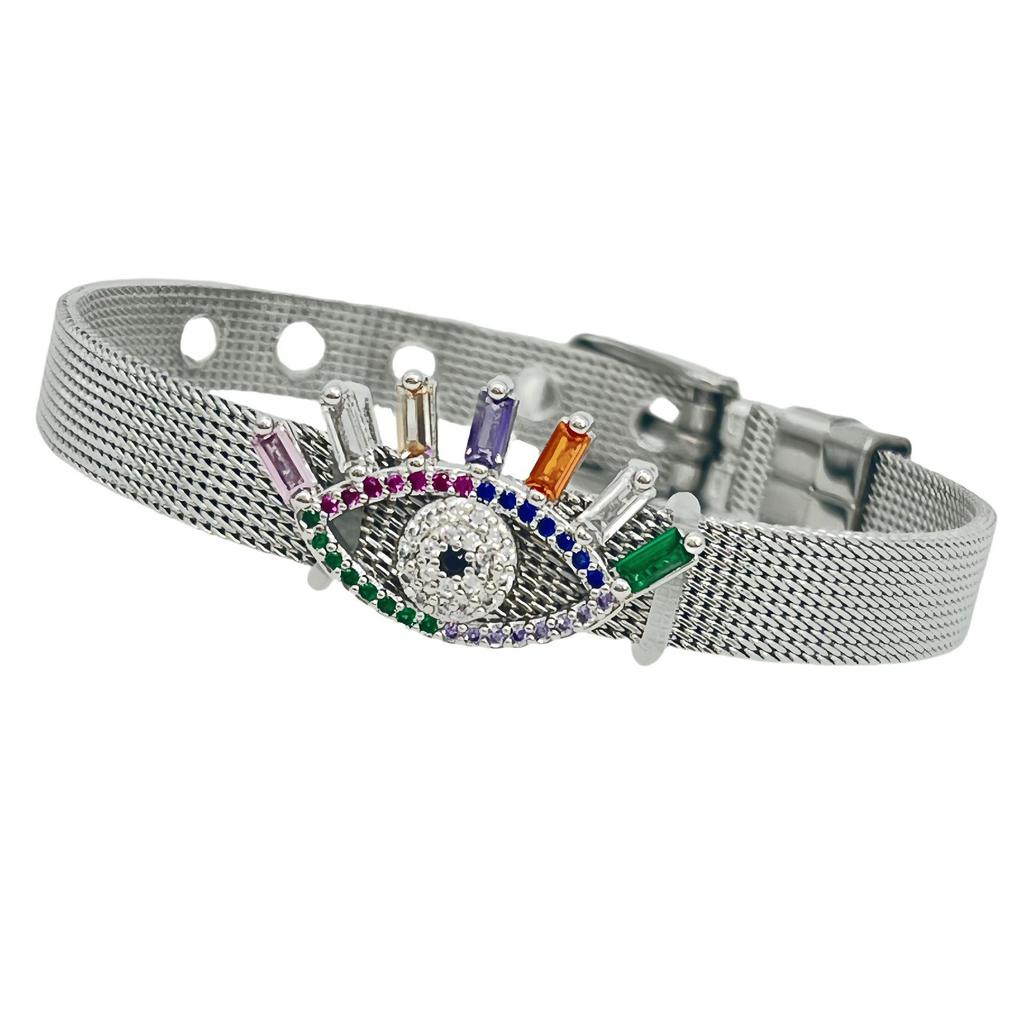 Stainless Steel Watch Band with Devil's Eye Zircon Bracelet - Stylish European and American Fashion Jewelry
