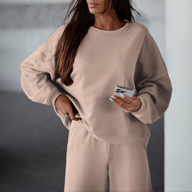 Women Solid Crew Neck Sweatshirt And Split Wide Leg Pants Tracksuit Two Piece Set