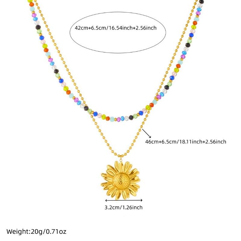 Gold Plated Stainless Steel Layered Rainbow Beaded Sunflower Pendant Necklace for Women