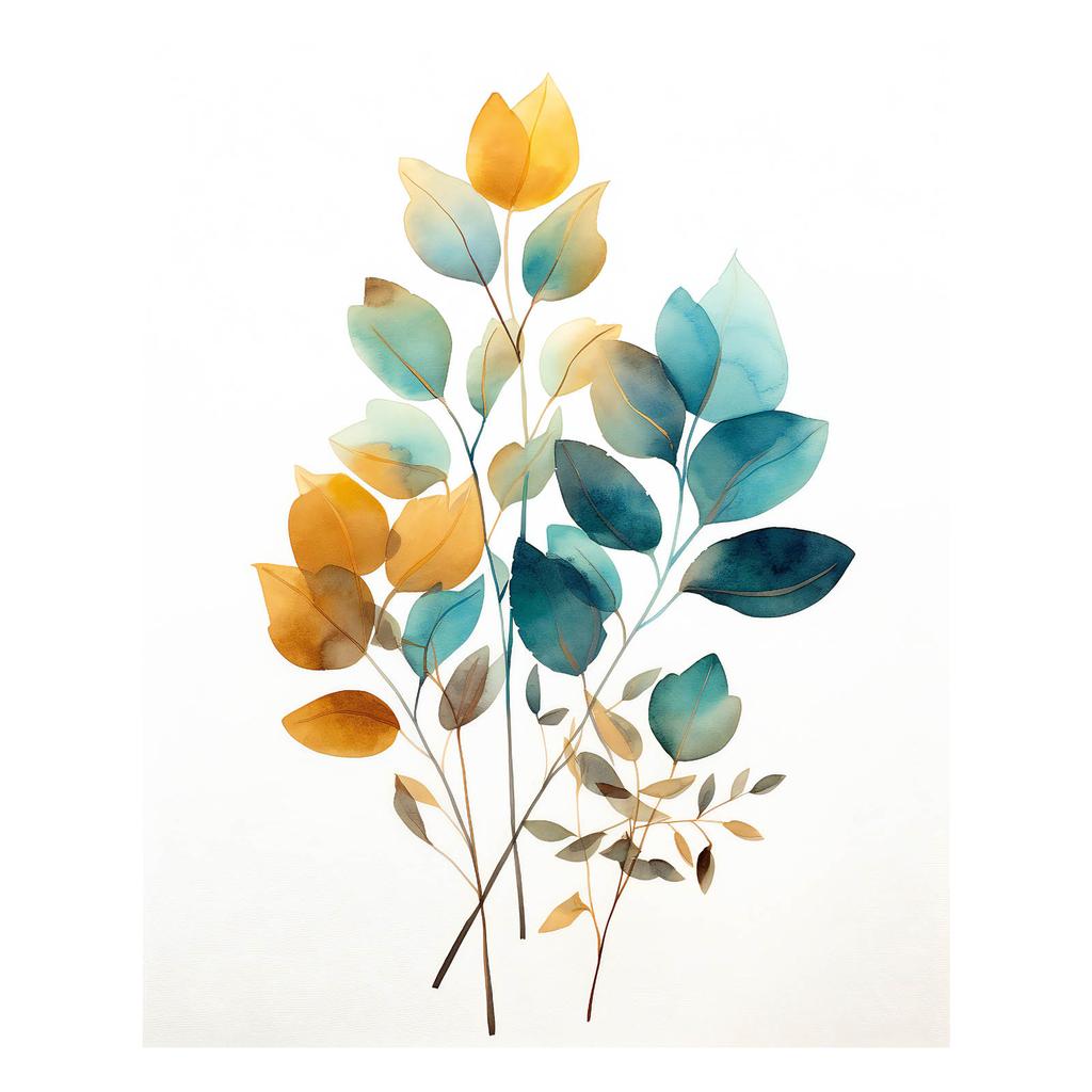 Golden Leaves In Watercolor Golden Leaves In Watercolor, 40X50 Cm, Gold Aluminum Frame, 230 Gsm Matte Paper