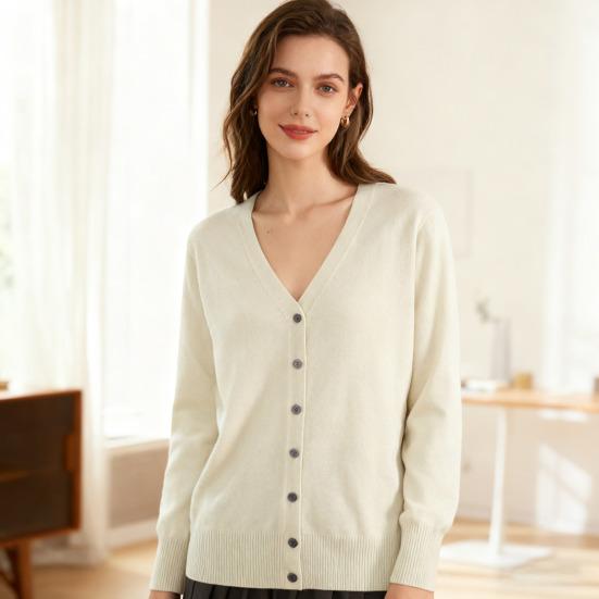 Women Sweater Coat V-neck Long Sleeve Single Breasted Knitting Sweater Solid Color Ribbed Trim