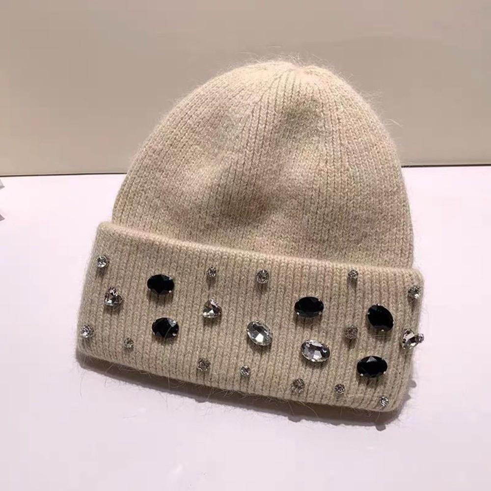 Solid Color Warm Beanie Versatile Windproof Cap Gift Rhinestone Knitted Hat  Travel