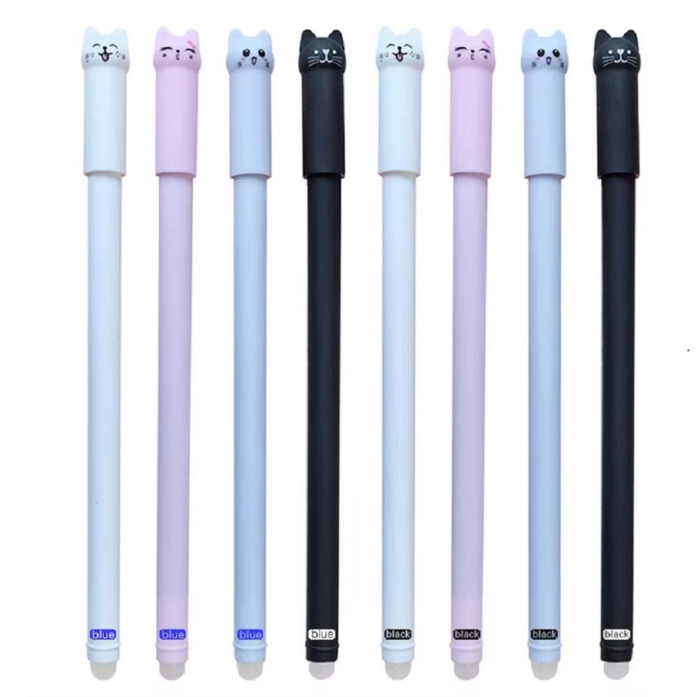 4-12PCS Cute Cat Pens Kawaii Erasable Gel Pens Set 0.5mm Blue/Black Ink Ballpoint Pens School Office Supplies Writing Stationer