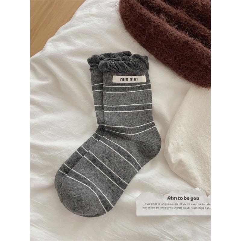 Female Autumn Color Striped Double Collar Letter Cloth Label Boneless Sweat Absorbent Breathable Tube Pile Socks