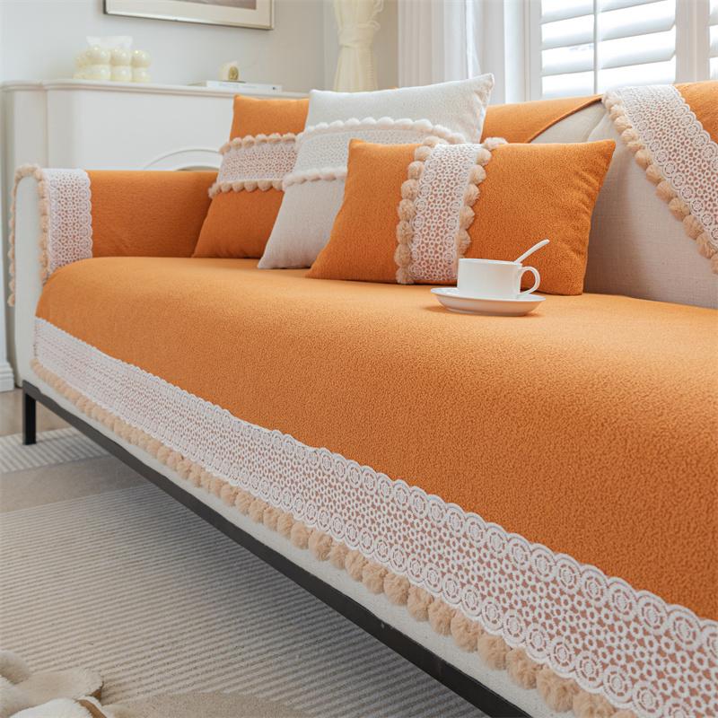 

Чехол на сиденье из ткани шенилл с вышитым кружевом и помпоном, нескользящий, пыленепроницаемый, декоративный чехол, чехол для дивана в гостиной 70*70cm