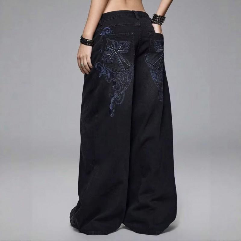 Womens Cross Embroidered Wide Leg Jeans Retro Dark Wash Loose Trousers