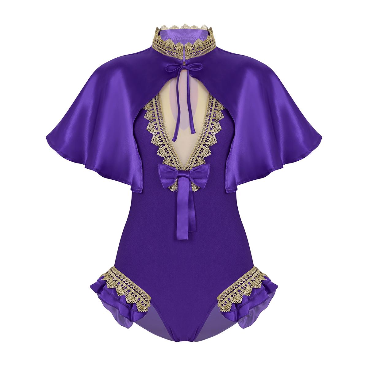 

Womens Cosplay Costume Set Shiny Satin Cape Top and Sleeveless High Cut Leotard Halloween Party Role Play Outfit S фіолетовий