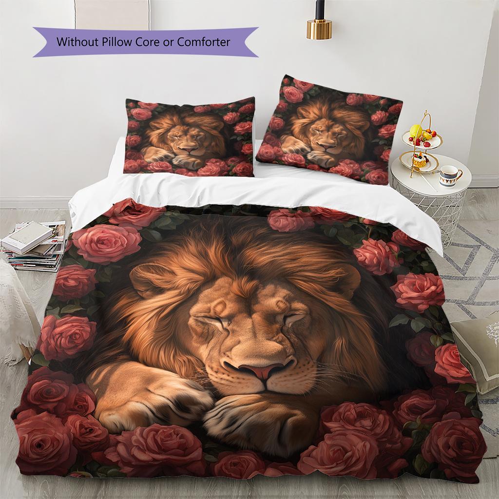 Lion and Rose Pattern Bedding Home Decoration Birthday Gift (1 * duvet cover + 2 * pillowcase, without core)