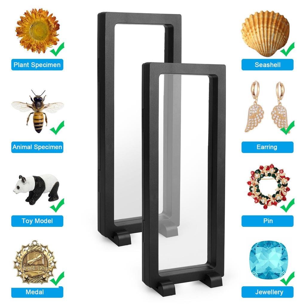 2Pcs 3D Effect Display Floating Coin Display Frame Box Jewelry Holder Case with Stand Black PE Film Display Box
