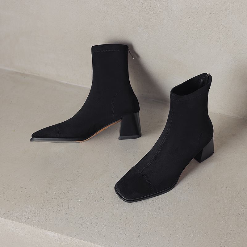 Krazing Pot Microfiber Flock Square Toe Winter Thick High Heels Fashion Boots Women Size 42 Elegant Patch Work Ankle Boots