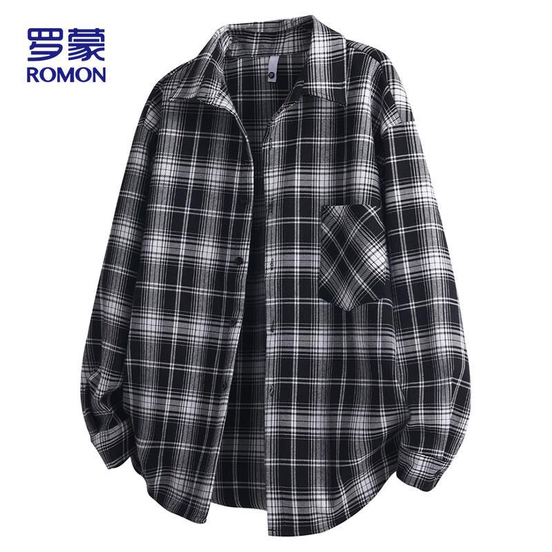 ROMON Men s Plaid Long-Sleeve Casual Shirt M