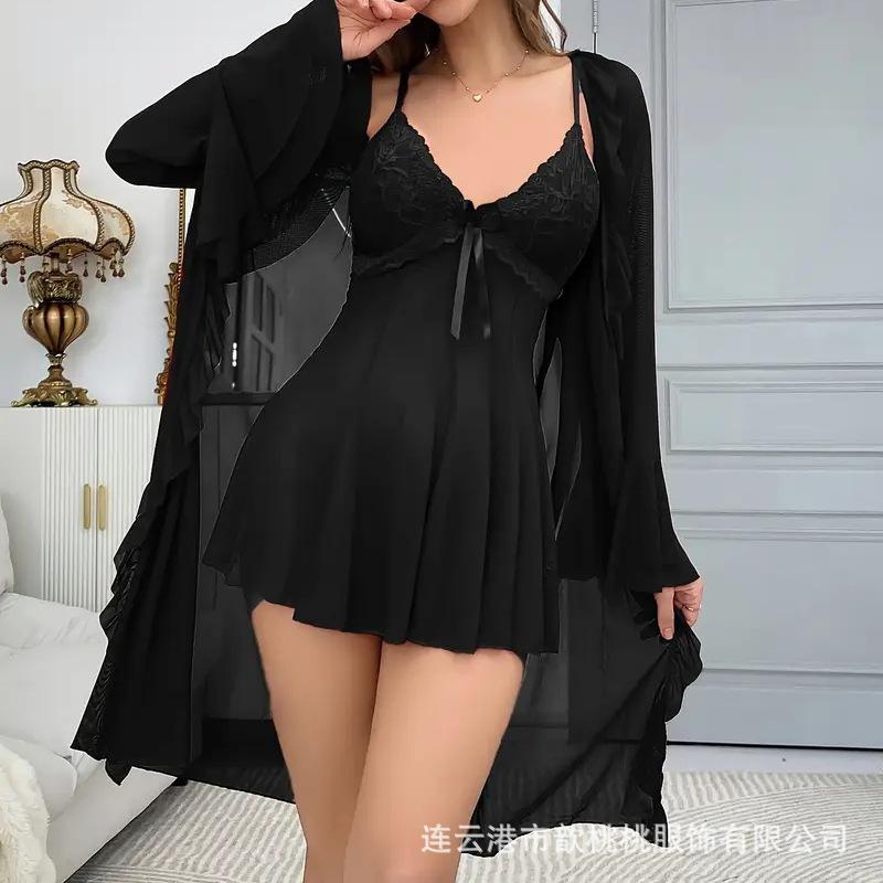 European and American large-size erotic underwear women's sexy mesh suspender nightdress loungewear robe set