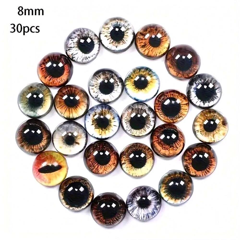6/8/12/16mm Doll Eyes Cat Eyes Glass Eyes Round Cabochon Eye Mixed Printed Half Round Eyes 30Pcs Mini Animal Eyes for Doll Props