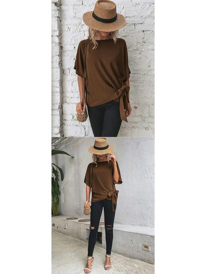 Summer Women's Solid Color Batwing Sleeve Knot Hem Loose T-shirt