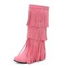 Plus Size Frosted Suede Material Three Sections Of Tassels Fine Stripes Flat Bottomed Sloping Heels Retro Midsole Boots