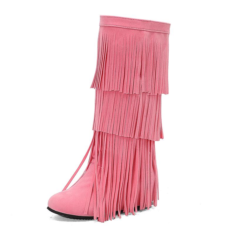Plus Size Frosted Suede Material Three Sections Of Tassels Fine Stripes Flat Bottomed Sloping Heels Retro Midsole Boots