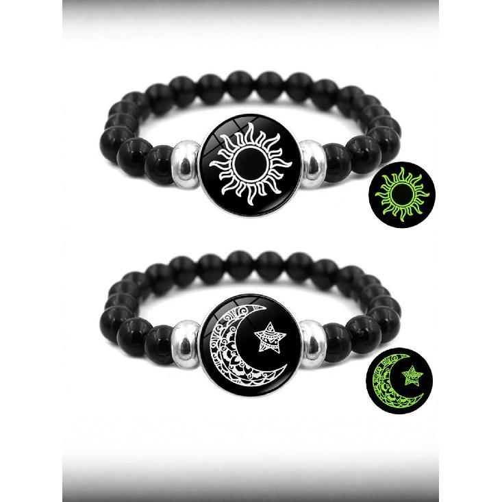 Braccialetti Luminosi Sole Luna per Coppia, Braccialetto in Pelle Luminescente al Buio per Amanti