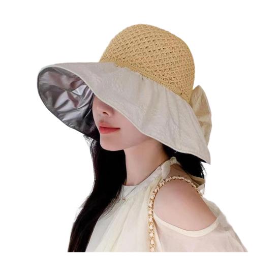 Sun Hat with Bow Design Foldable Breathable Hollow Woven Large Brim Jacquard Fabric UV Protection Face Slimming Summer Travel Hat