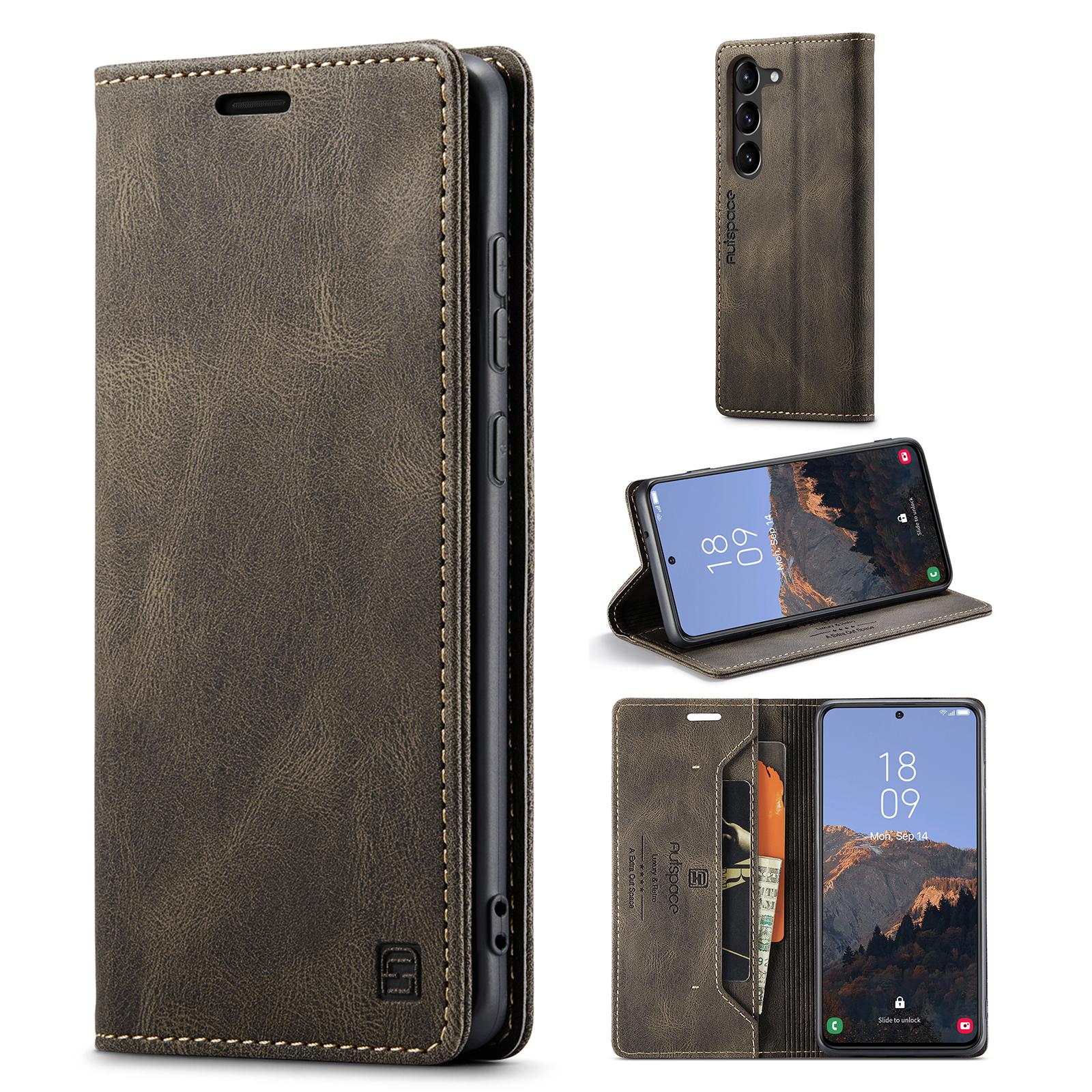 

AUTSPACE A01 Series for Samsung Galaxy S23+ RFID Blocking Cell Phone Case Stand Wallet Retro Texture Shockproof PU Leather Matte Phone Cover Coffee