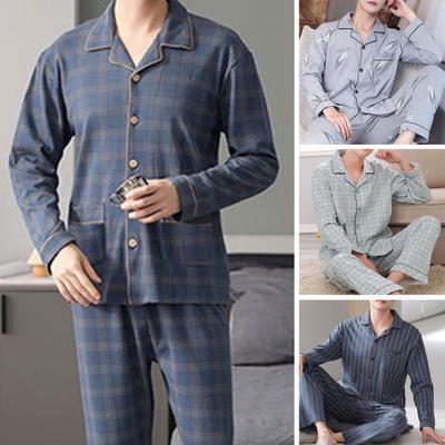Men Spring Autumn Pajamas Set Lapel Collar Long Sleeve Washable Quick Drying Print Family Loungewear Sleepwear