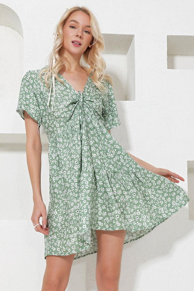 Women's Dress New Season Fashion Blue V-Neck Floral Patterned Skirt Flounce Woven Dress