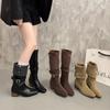 Suede thick heel pointed head medium tube stacking boots women's 2025 autumn and winter new belt buckle two wear high heel long tube fashion boots