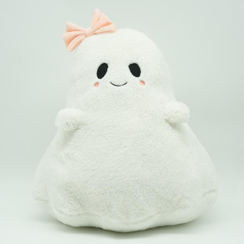 Cute Halloween Ghost Plush Toy Soft Stuffed Ghost Doll with Pink Bow and Black Horn Cartoon Figure Sofa Decor Holiday Gift for Kid and Halloween Party