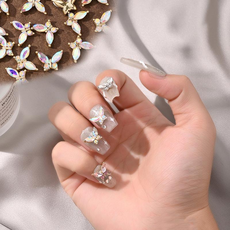 5Pcs Simulated Alloy Butterfly Nail Art Decorations Light Luxury Butterfly Glass Inlaid Nail Charms Accessories DIY