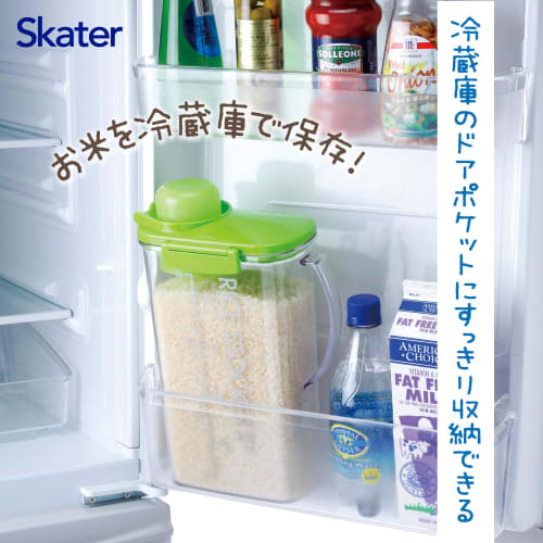 Skater Rice Storage Container, 2.5kg Capacity, Green, Slim, Fits Refrigerator Door Pocket, Lightweight, Vertical, with Cup Lid, Made in Japan, CG27RBI
