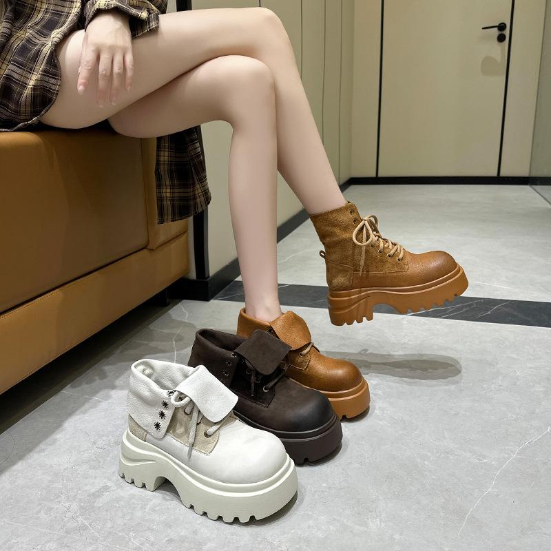 Inner heightening first-layer cowhide Martin boots women's 2025 new British style brown popular thick-soled retro locomotive boots