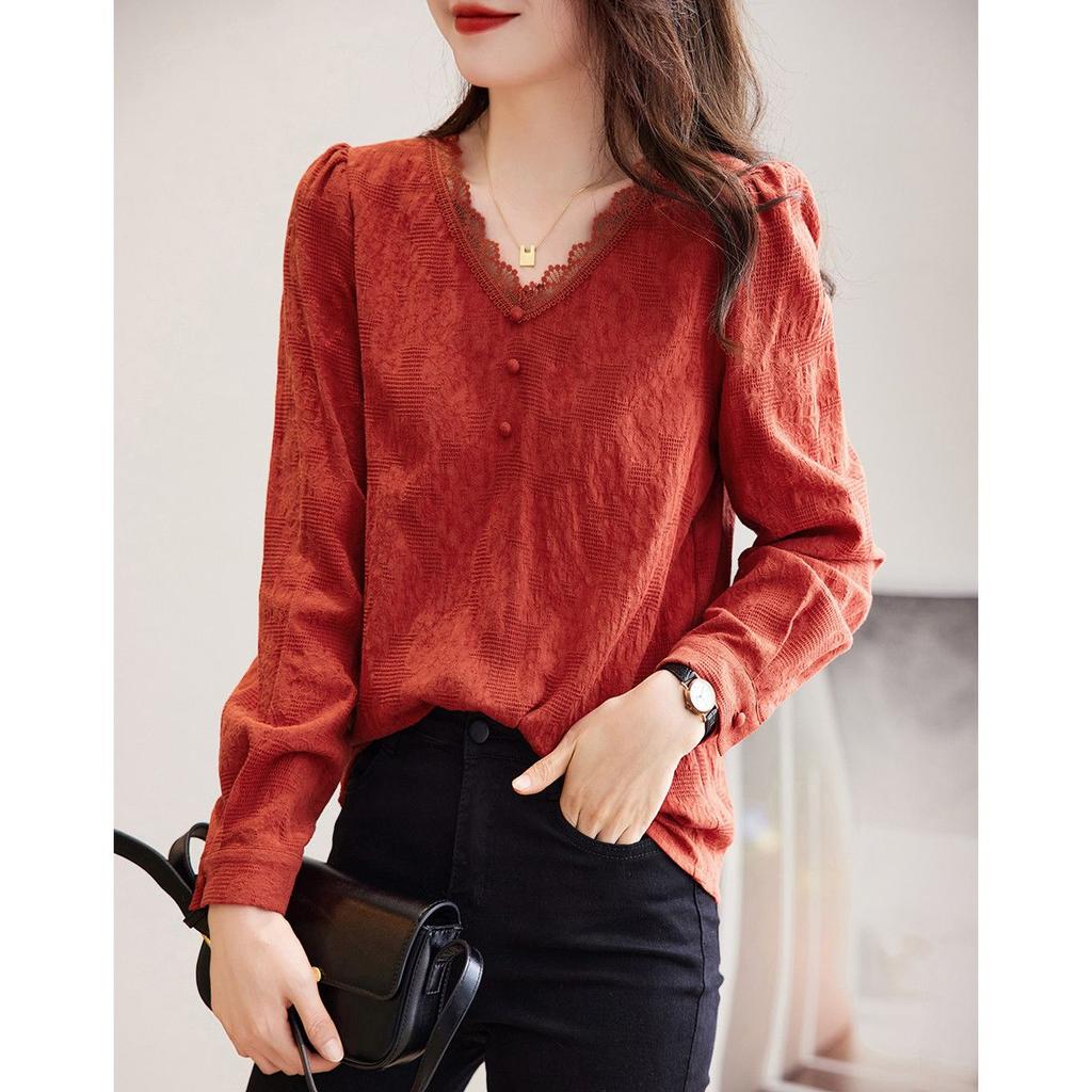 Elegante Blusa Primaverile Donna Retro Scollo a V Manica Lunga Legatura in Vita Rosso Cinese Camicia Sottile