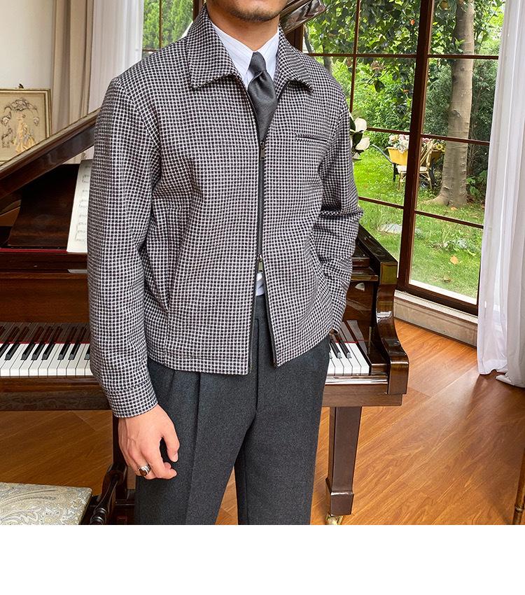 Men's Retro Houndstooth Zipper Jacket - Autumn/Winter Casual Waist-Cinching Lapel Design