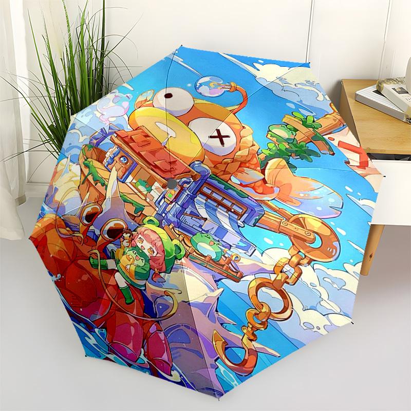 

1pc Outdoor Umbrella with Cute Crab and Fish Design - Automatic Opening/Closing, Portable 3-Fold Design, 8-Bone Iron Frame, Perfect Gift for Fans