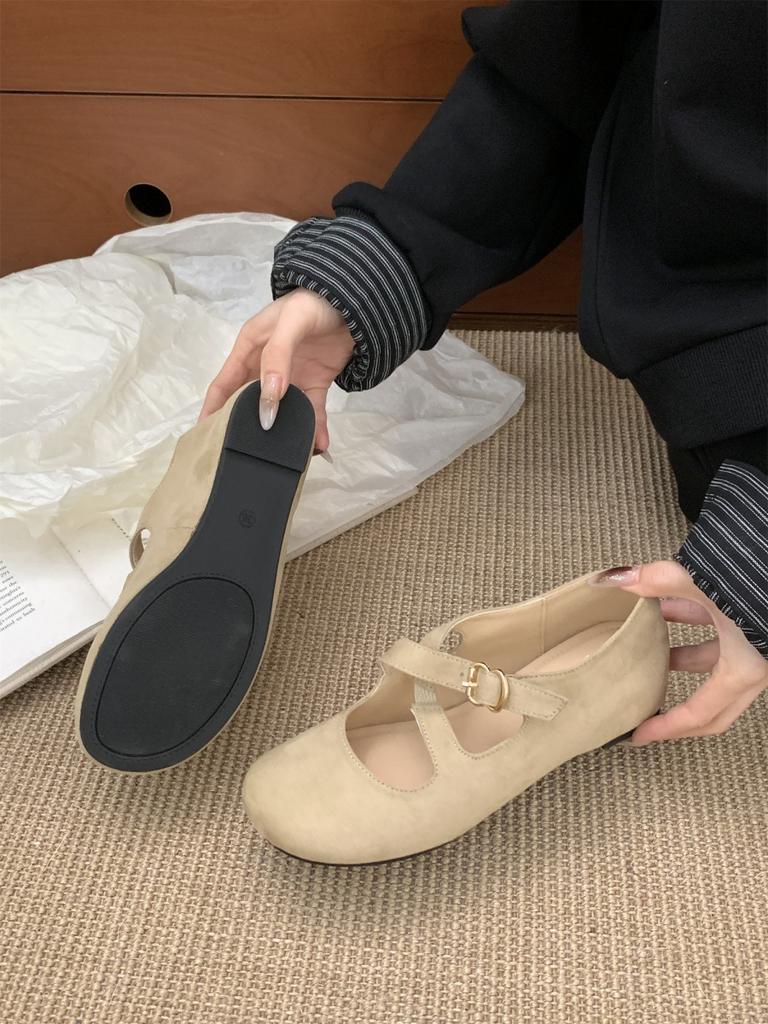 2025 Simple and Versatile Suede Cross with Flat Mary Jane Shoes Retro Inner Height Increase Commuter Ballet Single Shoes Women