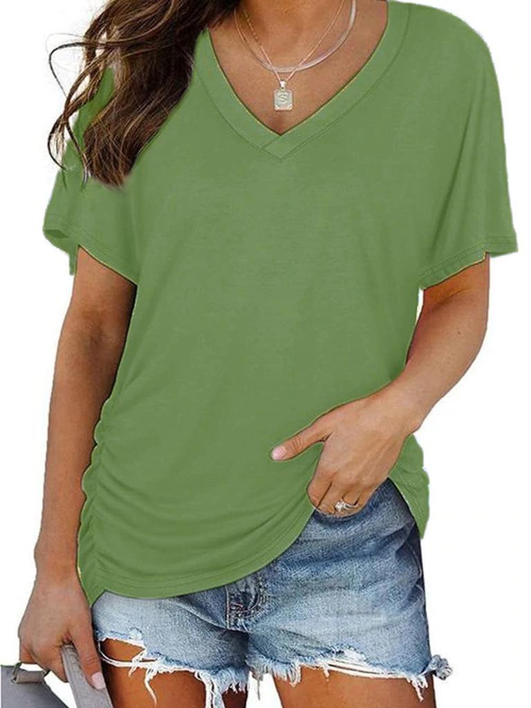 Summer Women's T-Shirt V-Neck Solid Short Sleeve Top
